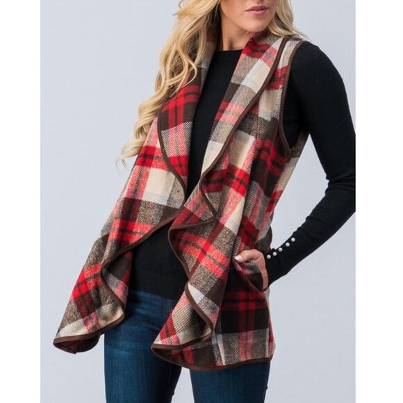 ETWO Plaid Waterfall Open Front Wool Polyester Vest New Size L - Picture 2 of 9